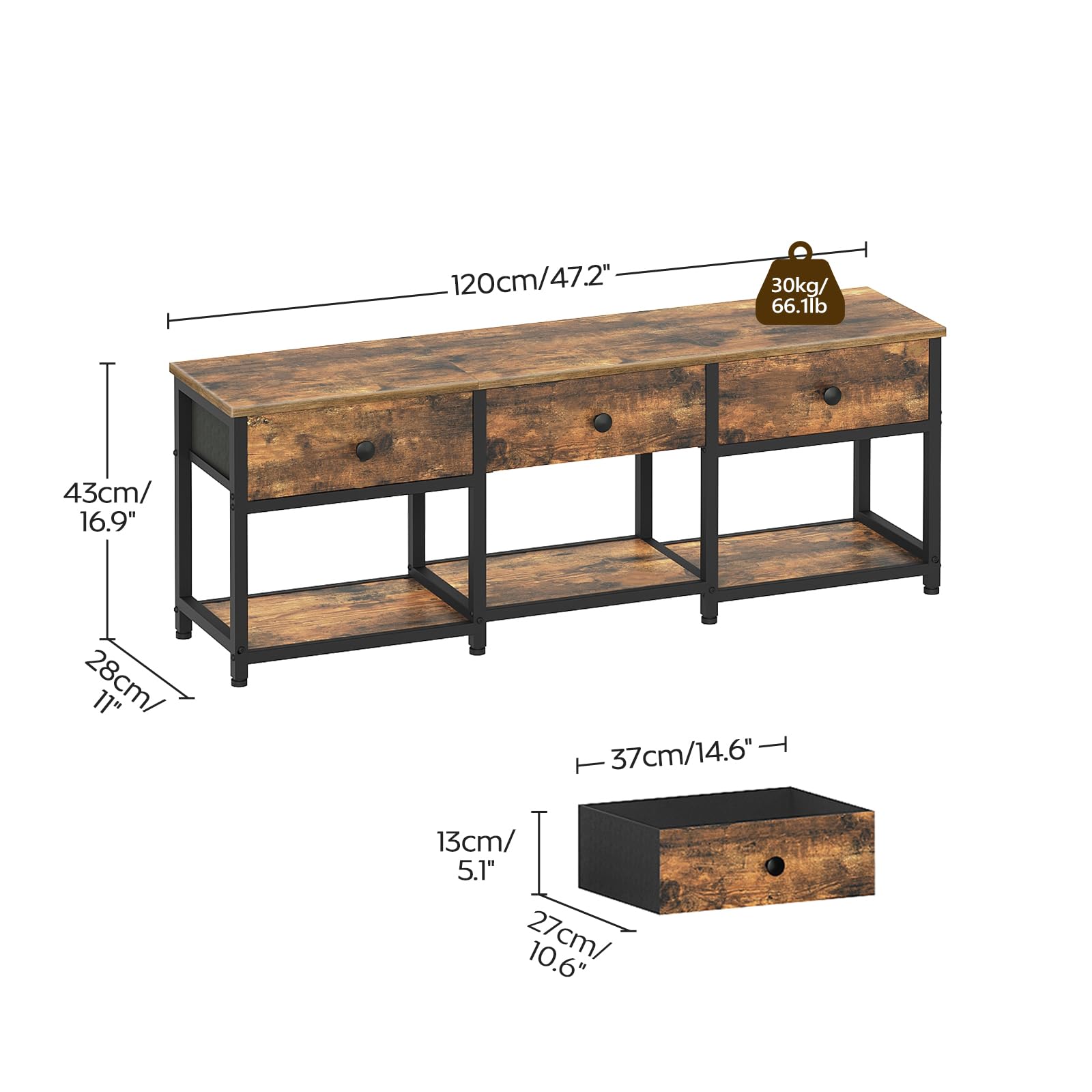 TV Lowboard 120 cm für bis zu 50 Zoll Fernseher – Medienkonsole mit 3 Stoffschubladen, Metallrahmen, Rustikal Braun
