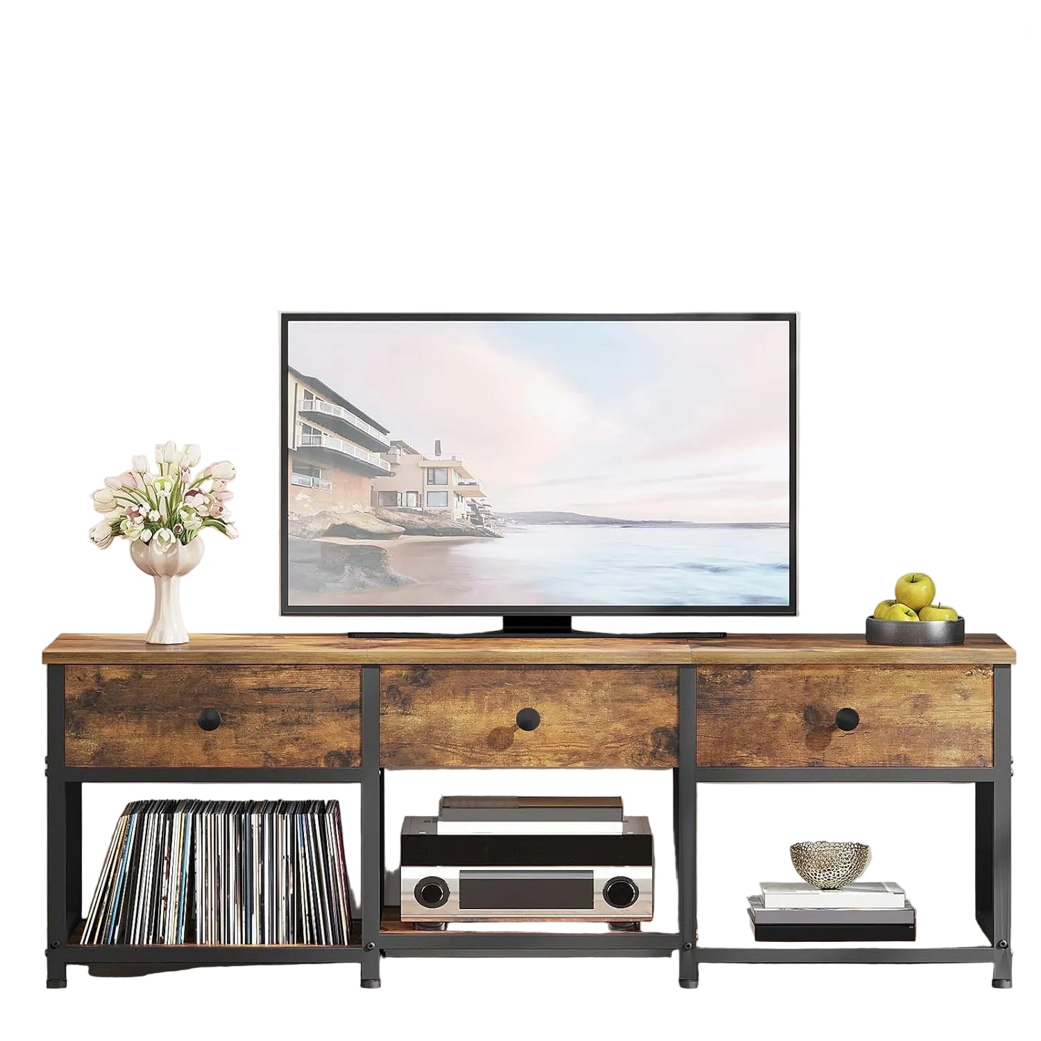 TV Lowboard 120 cm für bis zu 50 Zoll Fernseher – Medienkonsole mit 3 Stoffschubladen, Metallrahmen, Rustikal Braun