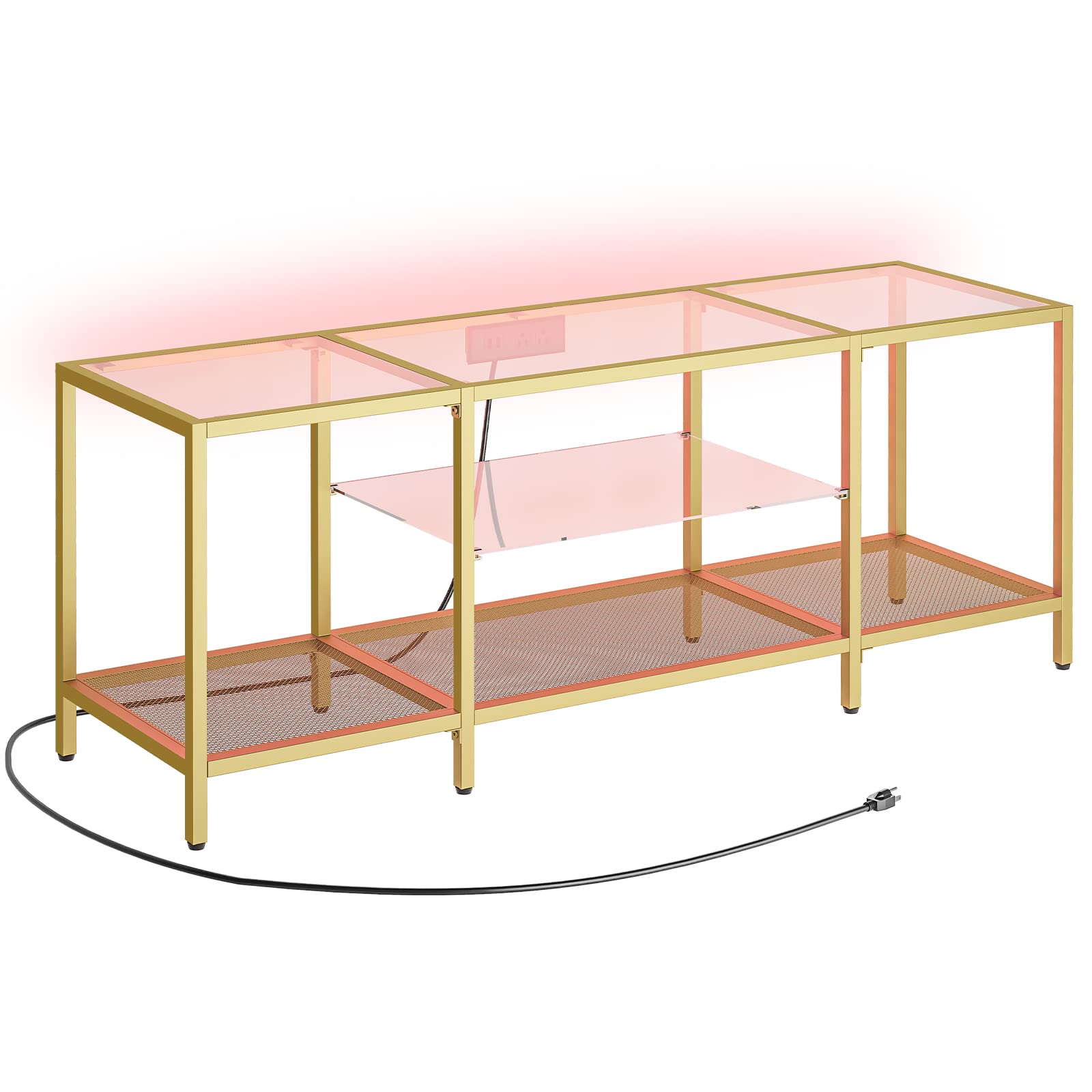 TV Lowboard 140 cm mit LED Beleuchtung und Steckdosenleiste – Glas Metall TV Konsole für bis zu 65 Zoll Fernseher, Gold