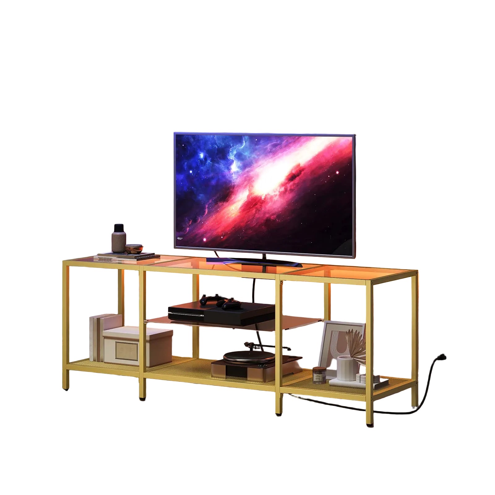 TV Lowboard 140 cm mit LED Beleuchtung und Steckdosenleiste – Glas Metall TV Konsole für bis zu 65 Zoll Fernseher, Gold