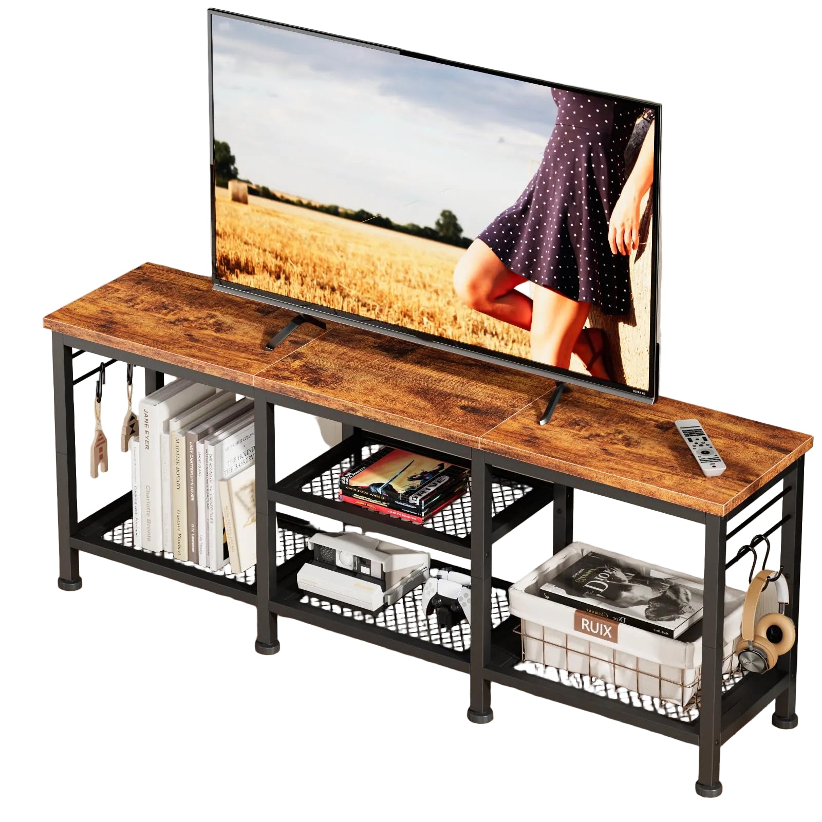 TV Lowboard 140 cm für bis zu 55 Zoll Fernseher – Medienkonsole mit offenen Ablagen, Soundbar-Fach, Metallrahmen, Rustikal Braun