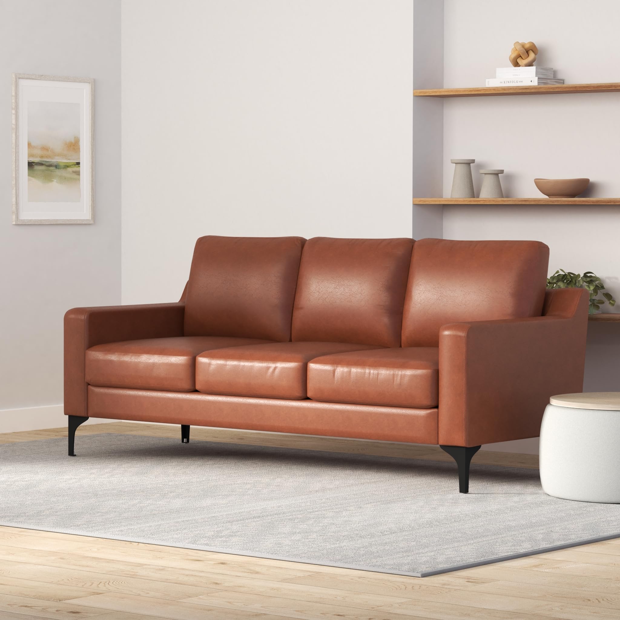 3-Sitzer Sofa 198 cm aus Kunstleder Braun – Taschenfederkern, Hochdichter Schaumstoff, Metallbeine, Modernes Design