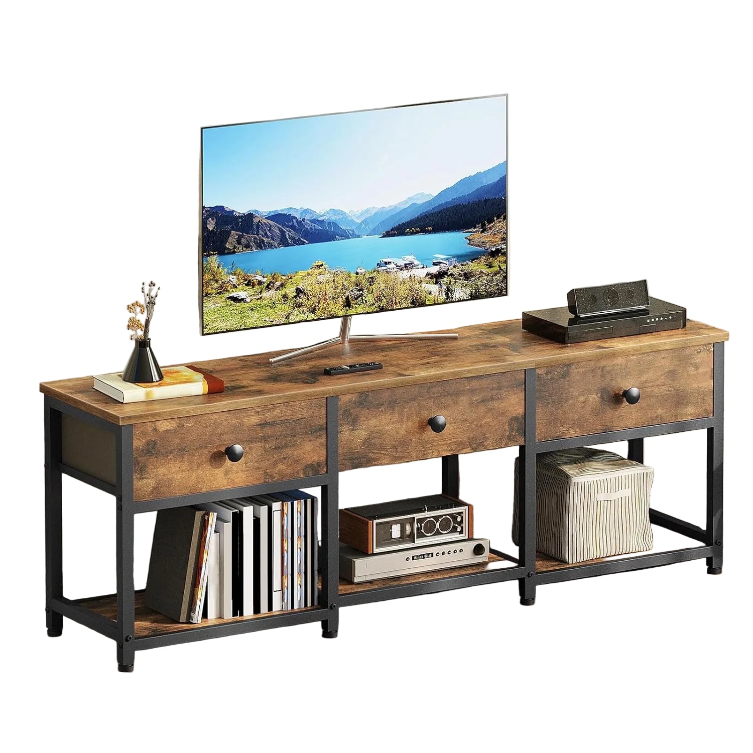 TV Lowboard 120 cm für bis zu 50 Zoll Fernseher – Medienkonsole mit 3 Stoffschubladen, Metallrahmen, Rustikal Braun