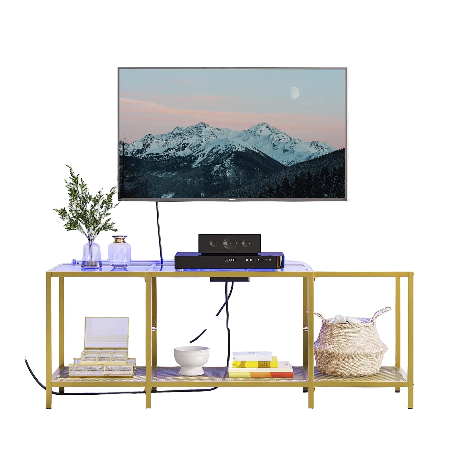 TV Lowboard 140 cm mit LED Beleuchtung und Steckdosenleiste – Glas Metall TV Konsole für bis zu 65 Zoll Fernseher, Gold