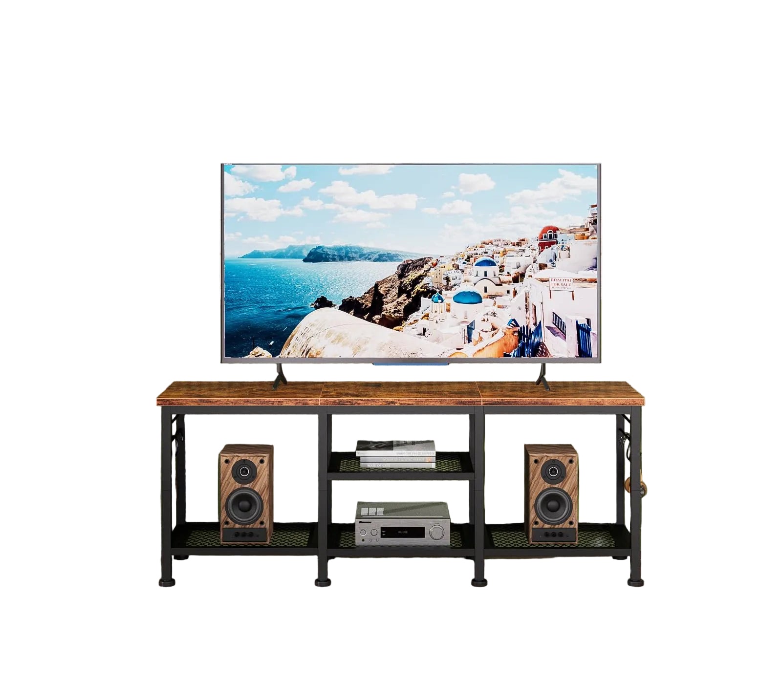 TV Lowboard 140 cm für bis zu 55 Zoll Fernseher – Medienkonsole mit offenen Ablagen, Soundbar-Fach, Metallrahmen, Rustikal Braun