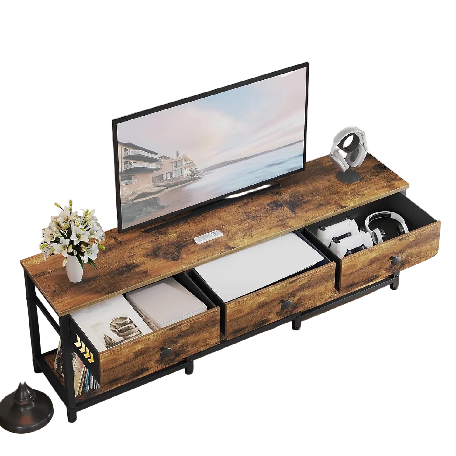 TV Lowboard 120 cm für bis zu 50 Zoll Fernseher – Medienkonsole mit 3 Stoffschubladen, Metallrahmen, Rustikal Braun